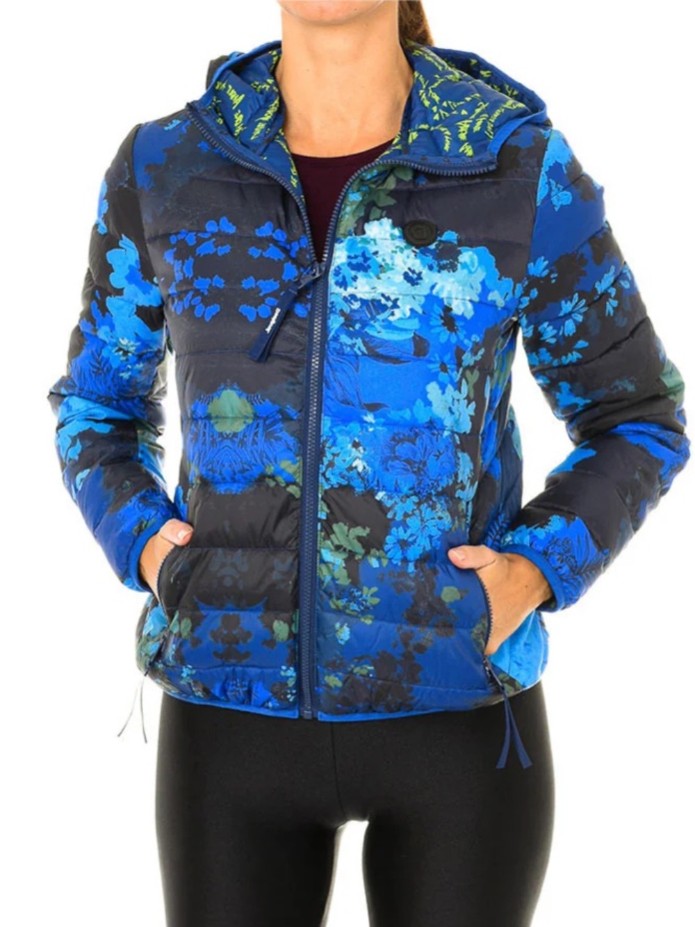 NEW Desigual Lightweight Faux Down Puffer Jacket Blue Floral Size Large NWT $250